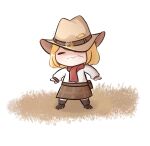 1girl :3 bangs blonde_hair cowboy_hat facial_hair hat highres hololive hololive_english moon_ldl mouth_hold mustache scarf short_hair smol_ame solo stalk_in_mouth virtual_youtuber watson_amelia white_background 