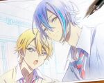  2boys blazer blush cardigan closed_mouth collared_shirt commentary diagonal-striped_necktie graphite_(medium) grey_jacket highres indoors jacket kamishiro_rui kamiyama_high_school_uniform_(project_sekai) long_sleeves looking_at_viewer male_focus marker_(medium) mechanical_pencil multiple_boys open_mouth pato_(ptro) pencil project_sekai school_uniform shirt tenma_tsukasa traditional_media upper_body white_background white_shirt yellow_cardigan 