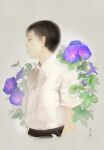  1boy absurdres black_hair breast_pocket collared_shirt cropped_torso flower highres leaf male_focus morning_glory original plant pocket profile purple_flower re:i shirt short_hair short_sleeves solo white_shirt 