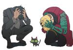  black_hair blonde_hair blue_hair cat coat earrings formal hands_in_hair highres jewelry kuroneko_(trigun) nicholas_d._wolfwood shoes signature simple_background single_earring squatting suit trigun trigun_stampede undercut vash_the_stampede white_background yum7yung 