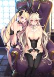  2girls alternate_breast_size alternate_costume animal_ears armchair bent_over black_leotard black_thighhighs blonde_hair bow bowtie breasts brooch chair corrin_(female)_(fire_emblem) corrin_(fire_emblem) detached_collar drill_hair fake_animal_ears fake_tail fire_emblem fire_emblem_fates hair_over_one_eye high_heels highres huge_breasts jewelry kashiwamochi_yomogi large_breasts leotard multiple_girls playboy_bunny pointy_ears rabbit_ears rabbit_tail sitting smile solo strapless strapless_leotard tail thighhighs throne tiara twin_drills twintails white_hair wrist_cuffs 
