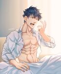  1boy abs absurdres bara bed black_hair blanket brown_eyes dress_shirt fate/grand_order fate_(series) highres looking_to_the_side male_focus muscular muscular_male one_eye_closed open_clothes open_shirt pectorals saitou_hajime_(fate) shirt short_hair sitting sleeves_rolled_up sunlight twitter_username under_covers white_shirt yaekaidou yawning 