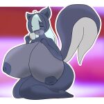  ahoge anthro areola big_breasts blue_hair breasts container cup erect_nipples felid feline female fur grey_areola grey_body grey_fur hair hair_over_eye hi_res huge_breasts hybrid mammal mature_female mephitid mrschllyay nipples nude one_eye_obstructed skunk smile solo tail thick_tail valery_(mrschllyay) 