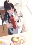  1girl apron bangs black_hair blunt_bangs breasts chair commentary_request ese_shinshi food frills ketchup ketchup_bottle long_hair omelet omurice open_mouth original paid_reward_available pubic_hair puffy_sleeves purple_eyes solo sweatdrop 