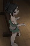  1girl bandaged_arm bandages bare_shoulders barefoot black_hair brown_eyes choker dororo_(character) dororo_(tezuka) flat_chest foot_out_of_frame haruyama_kazunori japanese_clothes looking_at_viewer open_mouth ponytail short_hair solo topless 
