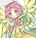 1girl :o antenna_hair aqua_wings blush bow bowtie cape delaware3850 facial_mark fae_(fire_emblem) feathered_wings finger_to_mouth fingernails fire_emblem fire_emblem:_the_binding_blade fire_emblem_heroes flower forehead_mark green_cape green_eyes hair_intakes hand_up highres leaf long_sleeves looking_at_viewer multicolored_wings official_alternate_costume open_mouth pink_flower pink_hair pointy_ears short_hair simple_background solo two-tone_wings white_background wings yellow_bow yellow_bowtie yellow_wings 