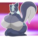  ahoge anthro big_breasts blue_hair breasts container cup erect_nipples felid feline female fur grey_body grey_fur hair hair_over_eye hi_res huge_breasts hybrid mammal mature_female mephitid mrschllyay nipples one_eye_obstructed skunk smile solo tail thick_tail valery_(mrschllyay) 
