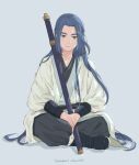  1boy artist_name black_eyes black_footwear black_pants blue_hair boots grey_background highres lanxi_zhen long_hair looking_at_viewer pants shadow simple_background smile solo sword the_legend_of_luo_xiaohei very_long_hair weapon wuxian_(the_legend_of_luoxiaohei) yadokari_chimaki 
