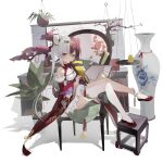  1girl absurdres animal armchair asymmetrical_legwear azur_lane bangs bird blinds bonsai brown_hairband chair chao_ho_(azur_lane) chick closed_mouth commentary_request cone_hair_bun detached_sleeves dress folding_fan grey_hair hair_between_eyes hair_bun hairband hand_fan hanging_plant highres holding holding_fan kele_mimi long_hair long_sleeves looking_at_viewer manjuu_(azur_lane) multicolored_hair on_chair red_dress red_eyes red_footwear red_hair red_sleeves shadow shoes simple_background sitting sitting_sideways socks solo thighhighs twintails two-tone_hair v-shaped_eyebrows vase very_long_hair white_background white_socks white_thighhighs wide_sleeves 