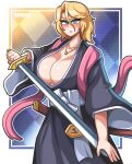  1girl absurdres black_robe bleach blonde_hair blue_eyes blush breasts cleavage cowboy_shot detached_sleeves hair_between_eyes highres holding holding_sword holding_weapon jewelry large_breasts long_sleeves looking_at_viewer matsumoto_rangiku medium_hair necklace robe sagas293 sash solo sword weapon white_sash wide_sleeves 