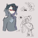  &lt;3 anthro avian bird black_text blitzo_(helluva_boss) clothed clothing duo eye_contact fur grey_body grey_fur grey_hair hair hair_tied helluva_boss hi_res horn imp long_hair looking_at_another male neutral_expression owl owl_demon pastel_pookie52 red_eyes robe simple_background stolas_(helluva_boss) text thought_bubble thoughts tied_hair topless white_background white_face 