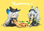  2girls :3 :t animal_ear_fluff animal_ears arknights armored_boots bangs black_cape black_gloves black_headwear black_jacket black_pants black_shirt boots brown_footwear cape chibi closed_eyes closed_mouth commentary dog-san eating english_commentary english_text food gloves grani_(arknights) grey_eyes grey_hair hair_between_eyes hat highres holding holding_food jacket knee_boots long_hair long_sleeves minigirl multiple_girls open_clothes open_jacket pants pizza pizza_slice ponytail shadow shirt simple_background skadi_(arknights) very_long_hair yellow_background 