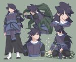  1boy artist_name black_eyes black_hair fengxi_(the_legend_of_luoxiaohei) flower grass green_background hair_over_one_eye highres long_hair long_sleeves multiple_views plant pointy_ears the_legend_of_luo_xiaohei white_flower yadokari_chimaki 
