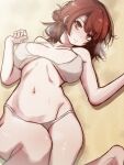  1girl bare_arms bikini blue_lock braid breasts closed_mouth collarbone grey_bikini highres knee_up large_breasts light_blush looking_at_viewer lying naoillus navel on_back red_eyes red_hair solo stomach swimsuit teieri_anri 