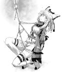  1girl a_tea arknights arms_behind_back bangs blush bound bound_arms goggles goggles_around_neck greyscale highres long_hair looking_at_viewer monochrome open_mouth owl_ears ptilopsis_(arknights) shibari solo sweatdrop thighhighs 