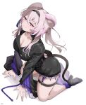 1girl :3 absurdres animal_ears arched_back arknights ass bent_over black_footwear black_jacket breasts cleavage collarbone from_above gie_(gienara) hair_intakes hairband hands_on_floor high_heels highres jacket lapels large_breasts leaning_forward light_blush lin_(arknights) looking_at_viewer mouse_ears mouse_tail on_floor pink_eyes pink_hair smirk solo suit_jacket tail thigh_strap wide_sleeves 