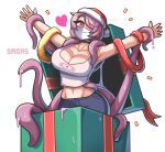  1girl absurdres armpits arms_up artist_name black_choker black_pants blush box breasts choker cleavage gift gift_box hat heart highres large_breasts midriff mole mole_under_eye navel overmind_(starcraft) pants personification print_tank_top purple_hair sagas293 santa_hat solo starcraft tank_top tentacles white_tank_top zerg_(starcraft) 