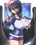  1girl absurdres black_hair black_shorts black_wings blue_archive breasts clipboard cowboy_shot feathered_wings gym_uniform hair_between_eyes halo hasumi_(blue_archive) hasumi_(gym_uniform)_(blue_archive) highres holding holding_pen jacket large_breasts large_wings long_hair looking_at_viewer low_wings mole mole_under_eye official_alternate_costume partially_unzipped pen ponytail print_shirt red_eyes sagas293 shirt shorts solo track_jacket wet wet_clothes wet_shirt white_shirt wings 