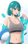  1girl aqua_eyes aqua_hair aqua_jacket bangs bare_shoulders blue_nails blush breasts cleavage collarbone commentary english_text grey_sports_bra highres holding jacket large_breasts long_sleeves midriff nail_polish navel noeru off_shoulder open_clothes open_jacket open_mouth original short_hair sports_bra stomach symbol-only_commentary unzipped 