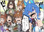  6+girls adjusting_eyewear ahoge animal_ears asuka_(junerabitts) bandana biko_pegasus_(umamusume) blue_eyes brown_hair choker collared_shirt english_text fingerless_gloves glasses gloves hand_puppet hood hood_down hoodie horse_ears ikuno_dictus_(umamusume) jacket long_hair marvelous_sunday_(umamusume) multicolored_hair multiple_girls neck_ribbon necktie notice_lines open_mouth pink_eyes pointing pointing_at_self puppet purple_eyes red_eyes red_ribbon ribbon round_eyewear sharp_teeth shinko_windy_(umamusume) shirt short_hair sirius_symboli_(umamusume) smile smirk speech_bubble streaked_hair stuffed_animal stuffed_bunny stuffed_toy teeth tongue translation_request twin_turbo_(umamusume) twintails umamusume white_gloves yellow_eyes 