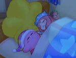  1girl anya_(spy_x_family) bed closed_eyes director_chimera_(spy_x_family) hat highres indoors kirby kirby_(series) kirby_and_the_forgotten_land kirby_otaku lying night nightcap on_side pink_hair sleeping spy_x_family under_covers 
