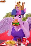  absurd_res breasts burger cleavage clothed clothing coca-cola crown eating equid equine female food friendship_is_magic fries hair hasbro headgear hi_res horn mammal my_little_pony purple_eyes purple_hair solo sparkles trailssfm twilight_sparkle_(mlp) winged_unicorn wings 