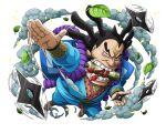 1boy black_hair character_request crescent japanese_clothes leaf official_art one_piece one_piece_treasure_cruise salute scroll shuriken straight-arm_salute teeth weapon 