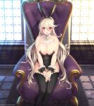  1girl alternate_breast_size alternate_costume animal_ears armchair bent_over black_leotard black_thighhighs blonde_hair bow bowtie breasts brooch chair corrin_(female)_(fire_emblem) corrin_(fire_emblem) detached_collar drill_hair fake_animal_ears fake_tail fire_emblem fire_emblem_fates hair_over_one_eye high_heels highres huge_breasts jewelry kashiwamochi_yomogi large_breasts leotard pantyhose playboy_bunny pointy_ears rabbit_ears rabbit_tail sitting smile solo strapless strapless_leotard tail thighhighs throne tiara twin_drills twintails white_hair wrist_cuffs 