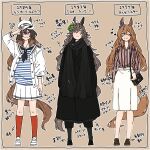  3girls alternate_costume animal_ears aqua_eyes arm_at_side asuka_(junerabitts) bag bangs belt black_coat black_footwear black_neckerchief blue_shirt brown_background brown_footwear brown_hair closed_mouth coat collared_shirt ears_through_headwear frown full_body handbag hands_in_pockets hat heart horse_ears horse_girl horse_tail jacket kneehighs loafers long_hair long_sleeves looking_at_viewer maruzensky_(umamusume) mini_hat mini_top_hat miniskirt mr._c.b._(umamusume) multiple_girls neckerchief notice_lines one_eye_closed open_clothes open_jacket peaked_cap pink_eyes red_shirt red_socks sailor_collar salute scarf shirt shirt_tucked_in shoes shoulder_bag skirt smile socks standing striped striped_shirt symboli_rudolf_(umamusume) tail top_hat translation_request umamusume white_footwear white_headwear white_jacket white_skirt 