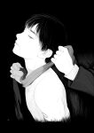  1boy absurdres black_background black_hair blending bruise greyscale highres injury long_sleeves male_focus monochrome original parted_lips profile re:i short_hair simple_background upper_body 