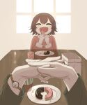  1girl absurdres avogado6 bag brown_hair closed_eyes commentary_request doughnut eating fang food highres indoors long_sleeves open_mouth original paper_bag plate pov pov_hands reflection short_hair skin_fang table watch window wristwatch 
