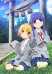  2girls bangs barefoot blonde_hair blue_hair blue_skirt blue_sky blunt_bangs blush brown_eyes buttons closed_mouth cloud collared_shirt day emblem frown full_body furude_rika grass grey_jacket hair_between_eyes hand_up highres higurashi_no_naku_koro_ni houjou_satoko jacket kneeling lapels leaning_on_person long_hair long_sleeves looking_at_viewer loose_necktie miniskirt multiple_girls necktie no_shoes official_art outdoors oversized_clothes parted_lips pleated_skirt pocket purple_eyes purple_hair red_necktie rope school_uniform shide shimenawa shirt short_hair sidelocks skirt sky sleeves_past_fingers sleeves_past_wrists st._lucia_academy_school_uniform stairs torii tree white_shirt wing_collar 