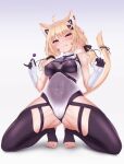  1girl absurdres animal_ears bangs black_thighhighs blonde_hair blush breasts candy cat_ears cat_tail commission covered_navel facial_mark food gloves hair_ornament highres john_zerowb kneeling leotard lollipop long_hair looking_at_viewer medium_breasts navel pixiv_commission purple_eyes shyrei_faolan solo spread_legs tail thighhighs two-tone_gloves virtual_youtuber vyugen whisker_markings white_background 