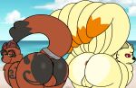  absurd_res aevul_terrace anus backsack balls beach big_butt butt canid cloud duo feral fur fur_markings generation_1_pokemon generation_8_pokemon genitals hi_res lifeguard looking_at_viewer male mammal markings ninetales nintendo nude pawsbrush_(artist) pokemon pokemon_(species) seaside tail thievul 