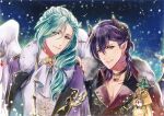  2boys angel angel_wings black_hair blue_hair brown_eyes closed_mouth demon_boy demon_horns demon_wings dulfer_(yume-100) feathered_wings horns las_(yume-100) long_hair looking_at_viewer male_focus medium_hair multiple_boys plums43 pointy_ears red_eyes smile snowing wings yume_oukoku_to_nemureru_100-nin_no_ouji-sama 