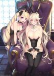  2girls alternate_breast_size alternate_costume animal_ears armchair bent_over black_leotard black_thighhighs blonde_hair bow bowtie breasts brooch chair corrin_(female)_(fire_emblem) corrin_(fire_emblem) detached_collar drill_hair elise_(fire_emblem) fake_animal_ears fake_tail fire_emblem fire_emblem_fates hair_bow hair_over_one_eye high_heels highres huge_breasts jewelry kashiwamochi_yomogi large_breasts leotard long_hair multiple_girls pantyhose playboy_bunny pointy_ears purple_eyes purple_hair rabbit_ears rabbit_tail sitting smile solo strapless strapless_leotard tail thighhighs throne tiara twin_drills twintails white_hair wrist_cuffs 