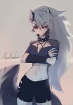  2023 akiya-kamikawa anthro arm_tuft black_bottomwear black_clothing black_ears black_nose bottomwear canid canid_demon claws clothed clothing crossed_arms demon elbow_tuft female finger_claws fur fur_tuft grey_body grey_fur grey_hair hair hellhound helluva_boss hi_res loona_(helluva_boss) mammal midriff notched_ear red_sclera signature solo topwear tuft white_body white_fur 