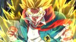  1boy aqua_eyes aura blonde_hair blurry commentary depth_of_field dragon_ball dragon_ball_super fighting_stance furrowed_brow green_jacket hood hoodie jacket loose_necktie male_focus necktie red_hoodie red_necktie rom_(20) school_uniform smile solo super_saiyan super_saiyan_1 trunks_(dragon_ball) upper_body 