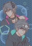  2boys closed_mouth collar demon_boy demon_horns expressionless goggles goggles_on_head grey_hair highres horns kooooo_ya las_(yume-100) looking_at_viewer male_focus multiple_boys pink_eyes pointy_ears purple_eyes short_hair sirius_(yume-100) sketch smile yume_oukoku_to_nemureru_100-nin_no_ouji-sama 