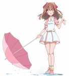  1girl :o bangs blush bow brown_eyes brown_hair commentary_request delicious_party_precure dress hair_between_eyes hair_bow hand_up haru_(nature_life) holding holding_umbrella long_hair nagomi_yui parted_lips pink_footwear pink_shirt pink_umbrella precure puffy_short_sleeves puffy_sleeves red_bow sailor_collar shirt shoes short_sleeves simple_background socks solo standing umbrella water white_background white_bow white_dress white_sailor_collar white_socks yellow_bow 