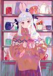  1girl animal_ears bangs black_ribbon commentary cowboy_shot cup double_bun hair_bun hair_ribbon head_tilt highres holding holding_cup jamu_(yakinikuoi4) long_hair long_sleeves mug original pleated_skirt rabbit_ears rabbit_girl red_eyes red_skirt ribbon shelf sidelocks skirt solo sweater symbol-only_commentary turtleneck turtleneck_sweater white_hair 