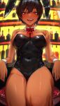  1girl :p alcohol animal_ears bar_stool bare_legs black_hair black_leotard bow dark_skin detached_collar fake_animal_ears foreshortening highres legs_together leotard looking_at_viewer original playboy_bunny rabbit_ears rakuga_kiya red_bow red_eyes sitting solo stool tongue tongue_out wrist_cuffs 