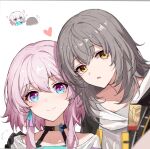  2girls :o ^^^ bangs black_choker black_gloves blue_eyes blurry camera chibi chibi_inset chinese_commentary choker commentary_request covering_mouth depth_of_field earrings gloves grey_hair hair_between_eyes hand_on_another&#039;s_shoulder head_tilt heads_together heart holding holding_camera honkai:_star_rail honkai_(series) jewelry light_blush looking_at_viewer march_7th_(honkai:_star_rail) medium_hair multicolored_eyes multiple_girls parted_lips pink_eyes pink_hair portrait shirt side-by-side simple_background single_earring smile star_(symbol) trailblazer_(honkai:_star_rail) trailblazer_(honkai:_star_rail)_(female) v white_background white_shirt yajuu yellow_eyes 