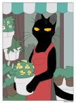  ambiguous_gender anthro apron black_body clothed clothing domestic_cat felid feline felis flower hi_res mammal plant plant_pot solo tail whiskers yellow_eyes yorozumaru 