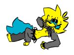  anthro blue_tail bottomwear bottomwear_down breasts clothed clothing clothing_lift felid feline female genitals hoodie lying mammal on_side pants pants_down partially_clothed pieceofthatyellow pulling_clothing pussy shirt shirt_lift smug solo tail topwear under_boob yellow_body 