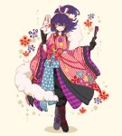  1girl :3 animal_print bangs bell belt black_footwear black_gloves black_kimono blue_belt blue_hair boots bow butterfly_print clothing_request cloud cross-laced_footwear dot_nose floral_print fox_mask full_body gloves half_updo hand_fan highres holding holding_fan holding_mask japanese_clothes kariginu kimono knee_boots lace-up_boots layered_clothes layered_kimono looking_at_viewer mask nonokusu_(no2xnox) otoca_d&#039;or red_bow simple_background sleeves_past_wrists solo striped tomoe_(symbol) uroko_(pattern) vertical_stripes yellow_eyes yomi_(otoca_d&#039;or) 