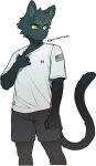  anthro biped black_body black_fur bottomwear clothed clothing cyrillic_text domestic_cat felid feline felis fur hi_res kemono male mammal pgm300 shirt shorts solo tail text topwear white_clothing white_shirt white_topwear yellow_eyes 