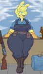  alcohol anthro beer belt beverage big_breasts blue_eyes boots breasts camelid clothing delfucko ear_piercing ear_ring edit engineer_(team_fortress_2) female footwear fur gloves goatonomous handwear headbutterz hi_res huge_thighs lamoid leaning_on_wall llama looking_at_viewer low_wall mammal miss_b overalls pear-shaped_figure piercing ring_piercing shoes smile smiling_at_viewer solo team_fortress_2 thick_thighs valve weapon wide_hips yellow_body yellow_fur 