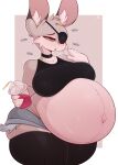  absurd_res anthro belly beverage big_belly big_breasts bottomwear breasts breath cheek_tuft choker clothing coffilatte_(artist) container cup drinking_straw eye_patch eyewear facial_tuft fanning fanning_self female hi_res hotpants hyper hyper_pregnancy inner_ear_fluff jewelry lagomorph legwear leporid mammal narrowed_eyes navel necklace outie_navel panting pregnant rabbit shorts solo stockings thick_thighs topwear tuft wide_hips 
