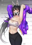  1girl armpits arms_up bandeau bangs black_pants breasts cleavage collarbone commentary covered_mouth cowboy_shot goddess_of_victory:_nikke hair_between_eyes headgear helandyck high-waist_pants highres jacket leggings long_hair long_sleeves looking_at_viewer mask midriff mouth_mask navel pants purple_eyes purple_jacket sidelocks sin_(nikke) single_bare_shoulder solo standing strapless twitter_username yoga_pants 